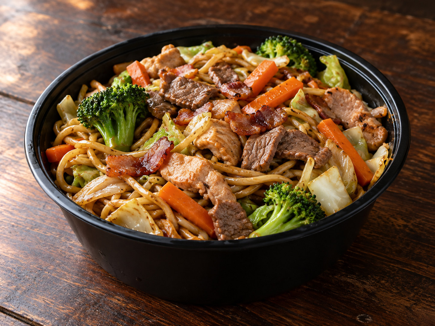 Yakisoba servido em bowl preto, imagem ilustrativa